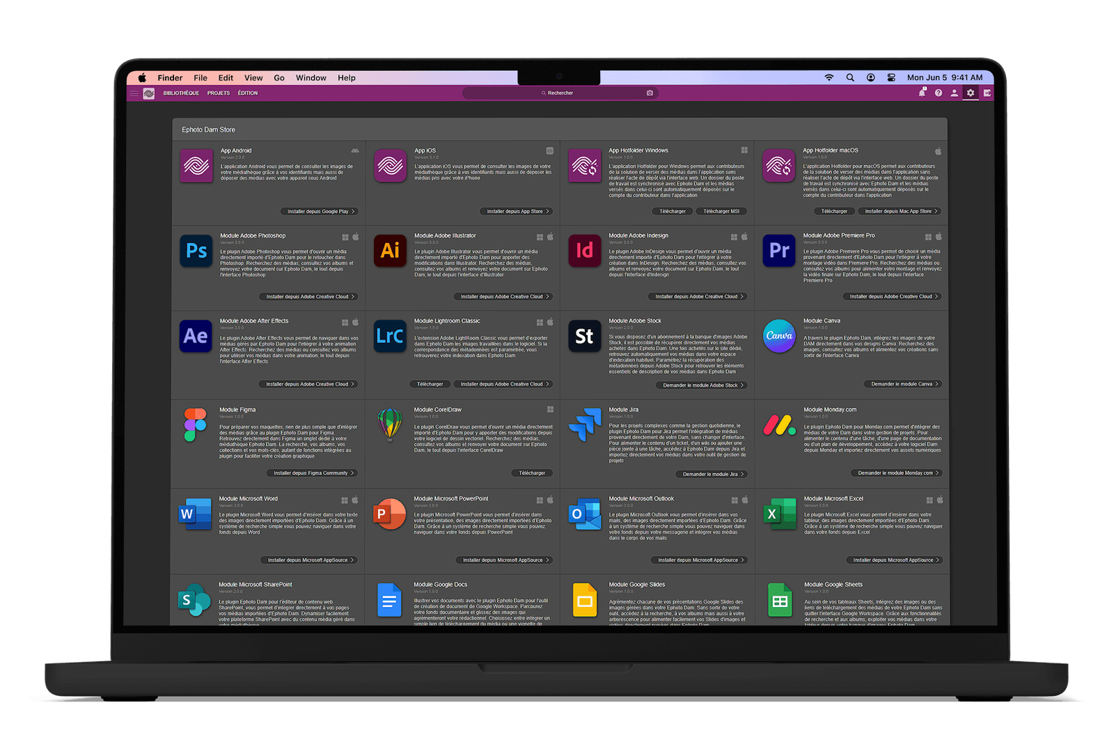 MacBook Pro displaying the Ephoto Dam plugin store, showing the diversity of Ephoto integration options.