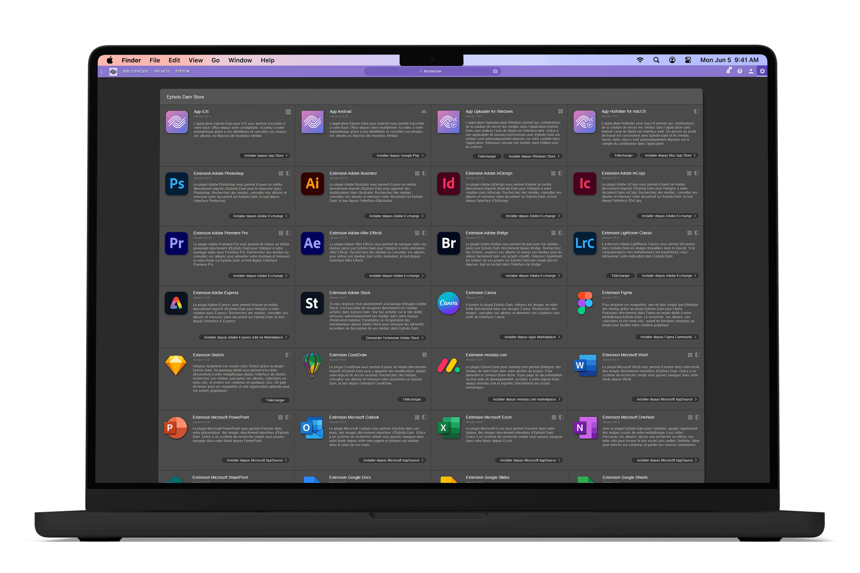 MacBook Pro displaying the Ephoto Dam plugin store, showing the diversity of Ephoto integration options.