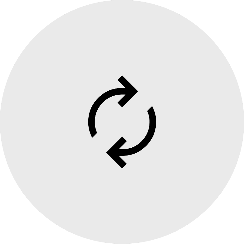 Grey circular icon with two black arrows forming a circle, symbolising synchronisation or renewal