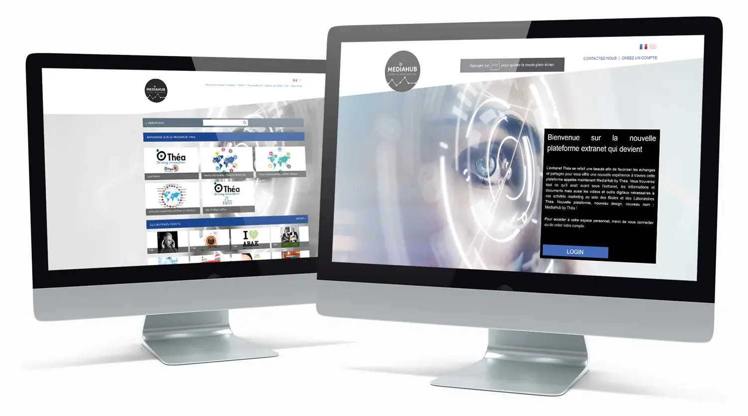Two Imacs showing the Front Office interface of the Théa Pharma laboratory.