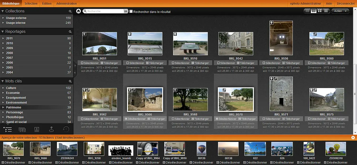Back-office interface for version 3 of the Ephoto Dam software, released in 2011 with new features such as geolocation and facial recognition.